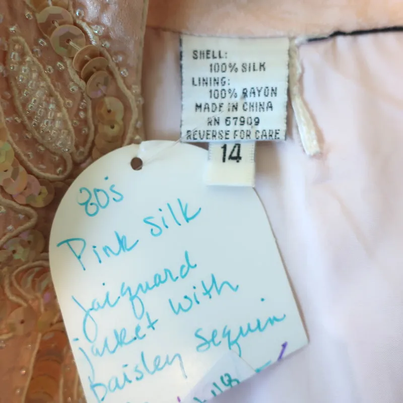 Vintage 1980s Sequined Silk Jacket Pink Jacquard Size 14