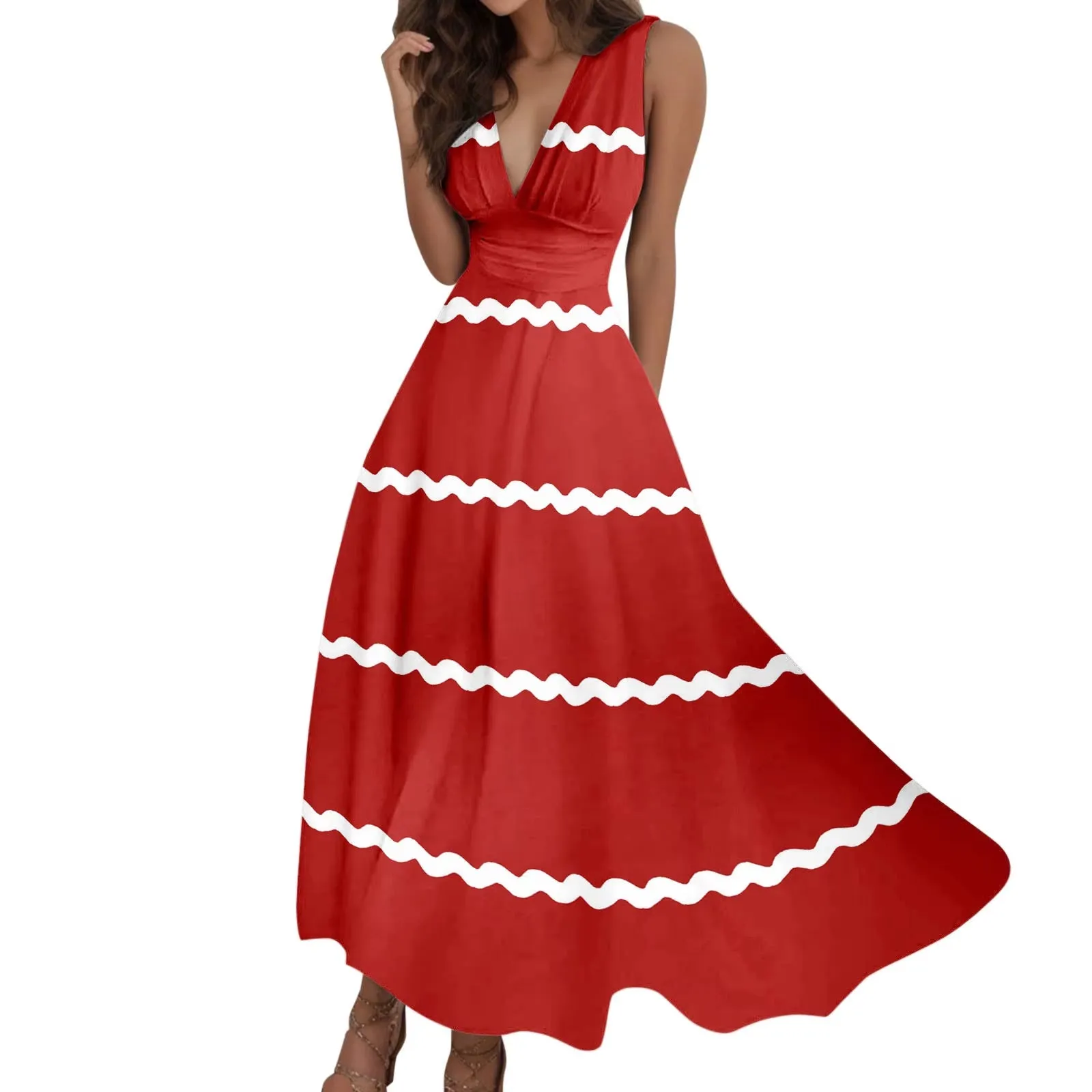 Wave Strap Holiday Dress Women Casual Vacation Loose Long Dress Female Chic Stripe Contrast Color V Neck High Waist a Line Dress