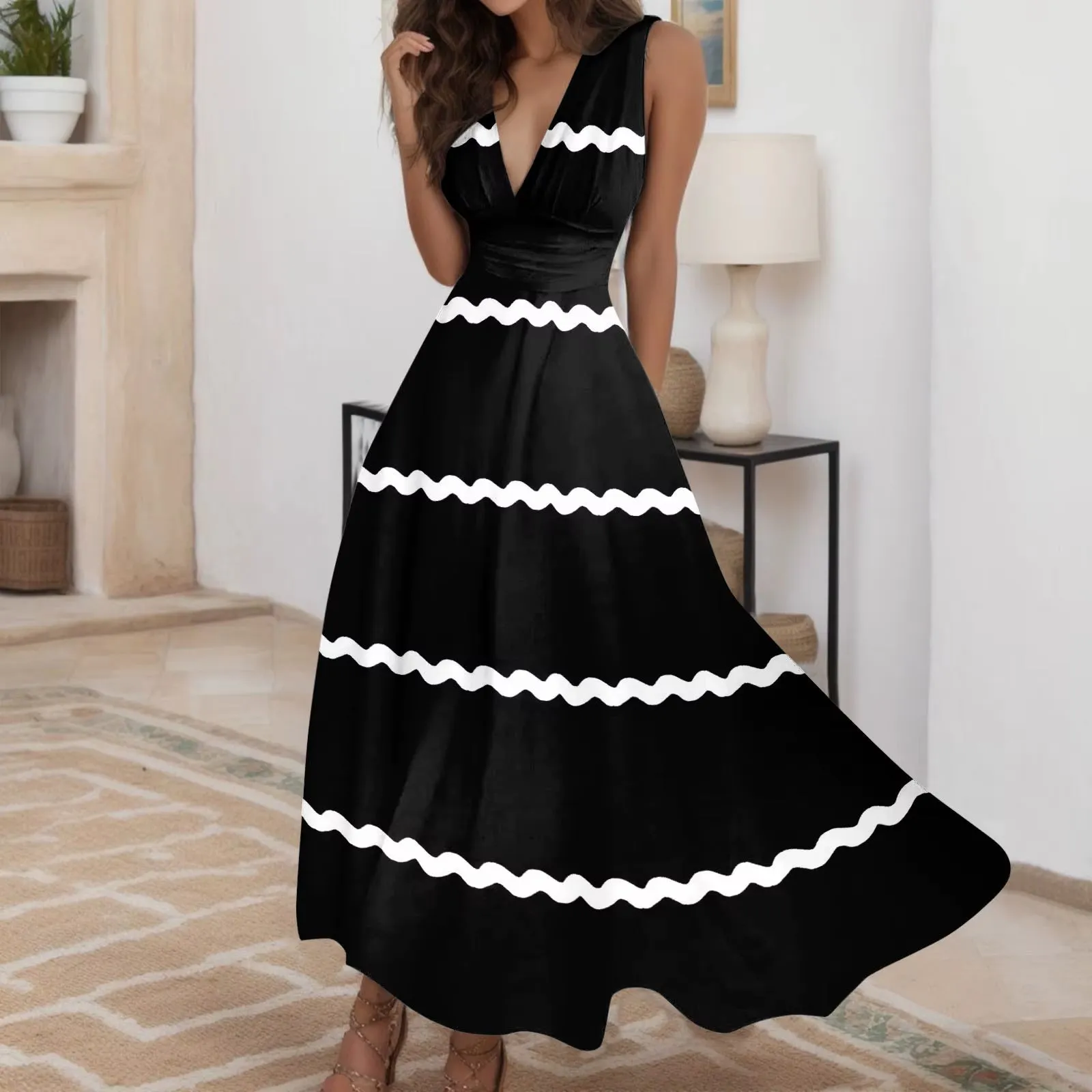 Wave Strap Holiday Dress Women Casual Vacation Loose Long Dress Female Chic Stripe Contrast Color V Neck High Waist a Line Dress