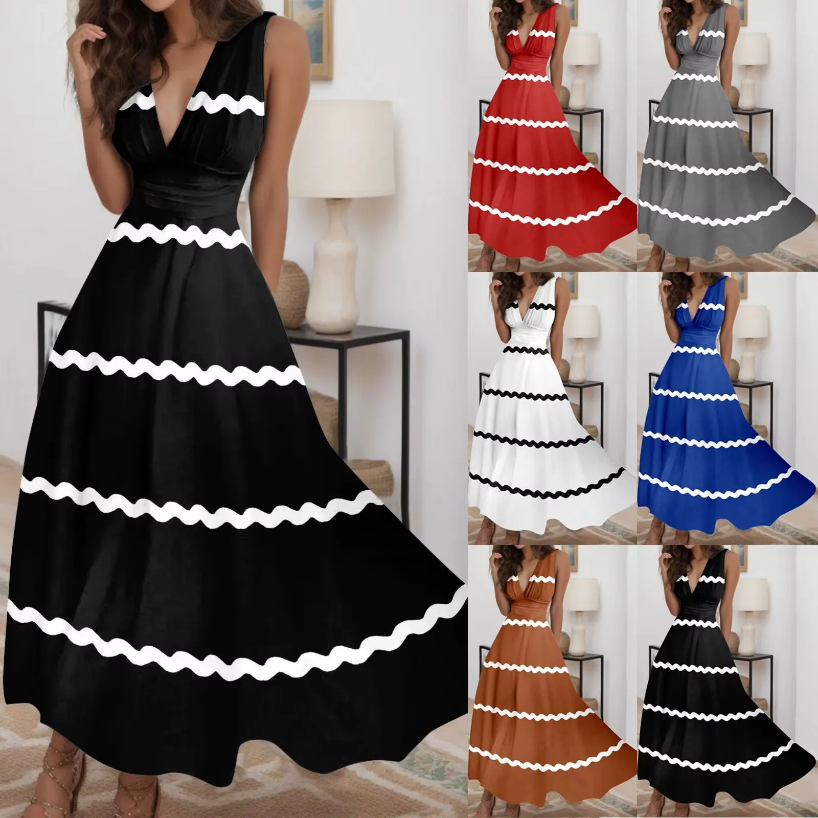 Wave Strap Holiday Dress Women Casual Vacation Loose Long Dress Female Chic Stripe Contrast Color V Neck High Waist a Line Dress