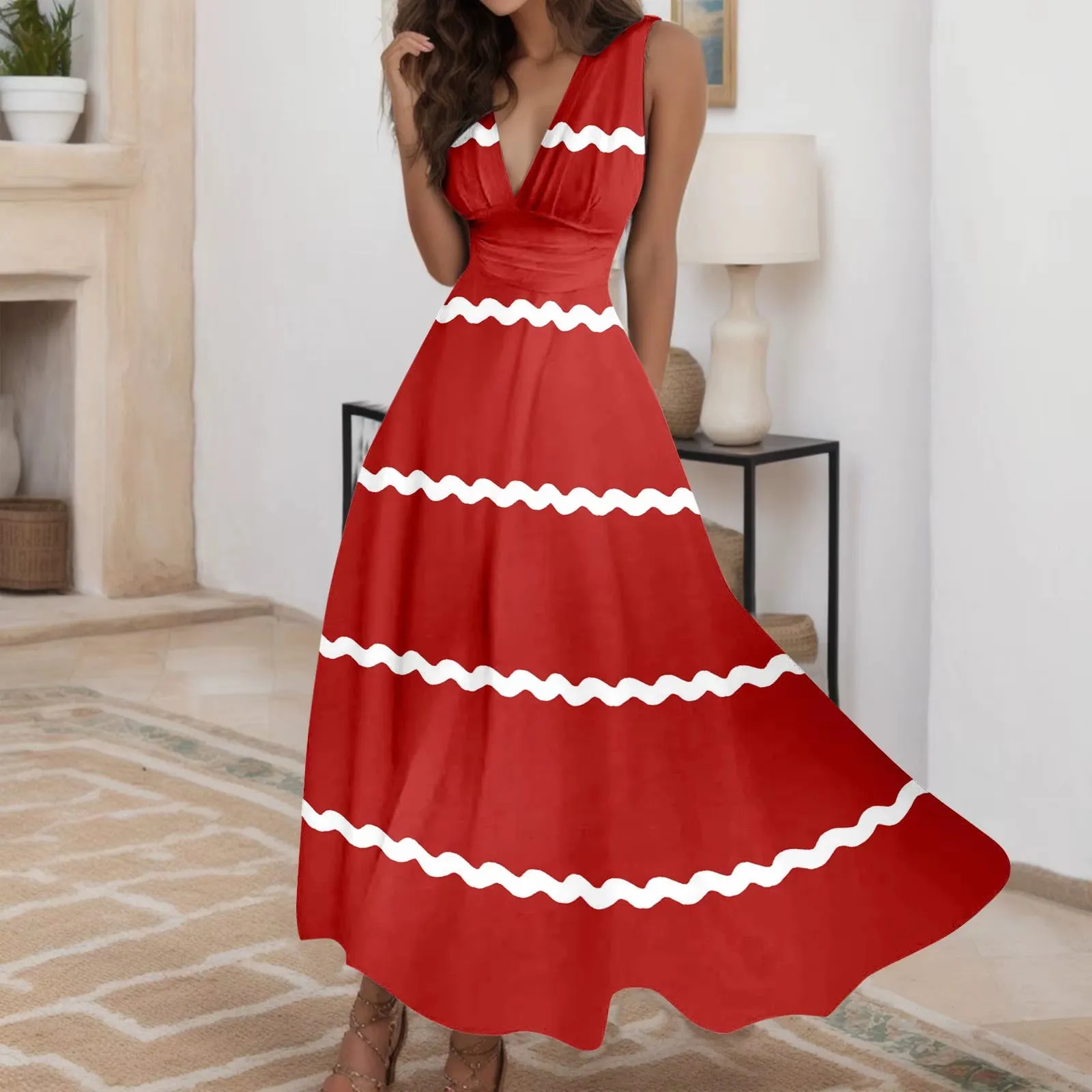 Wave Strap Holiday Dress Women Casual Vacation Loose Long Dress Female Chic Stripe Contrast Color V Neck High Waist a Line Dress