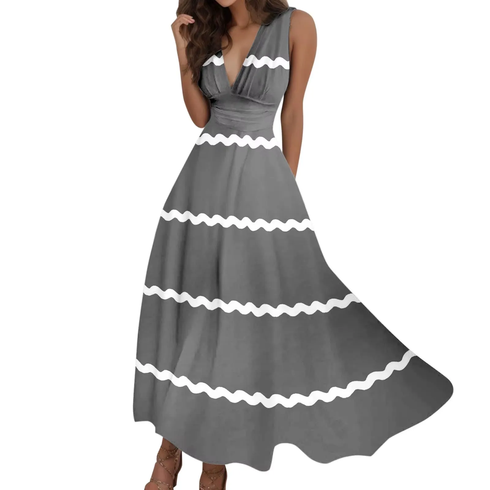Wave Strap Holiday Dress Women Casual Vacation Loose Long Dress Female Chic Stripe Contrast Color V Neck High Waist a Line Dress