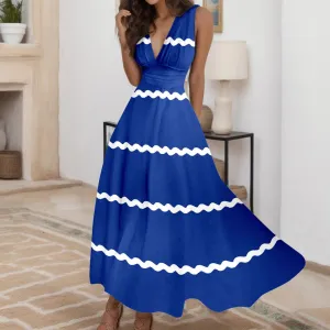 Wave Strap Holiday Dress Women Casual Vacation Loose Long Dress Female Chic Stripe Contrast Color V Neck High Waist a Line Dress