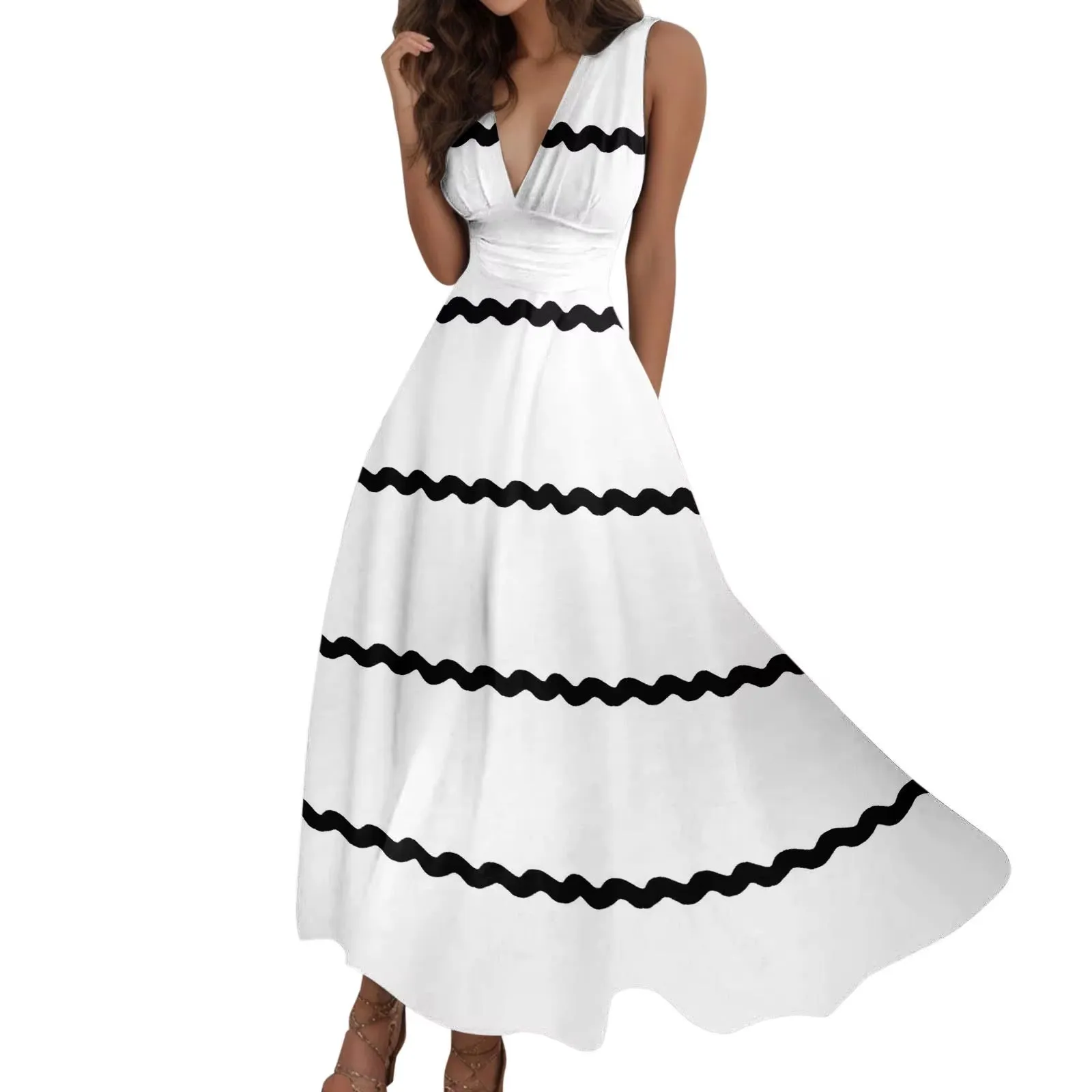 Wave Strap Holiday Dress Women Casual Vacation Loose Long Dress Female Chic Stripe Contrast Color V Neck High Waist a Line Dress