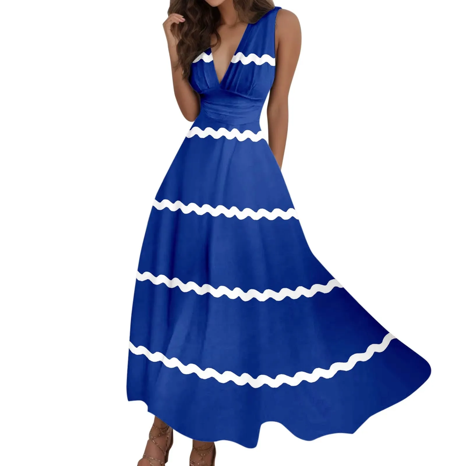 Wave Strap Holiday Dress Women Casual Vacation Loose Long Dress Female Chic Stripe Contrast Color V Neck High Waist a Line Dress
