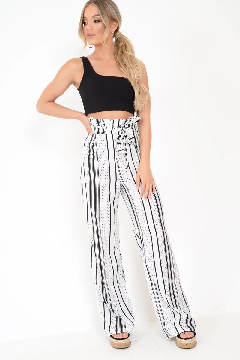 White Polka Dot Paper Bag Wide Leg Trousers - Aadhya