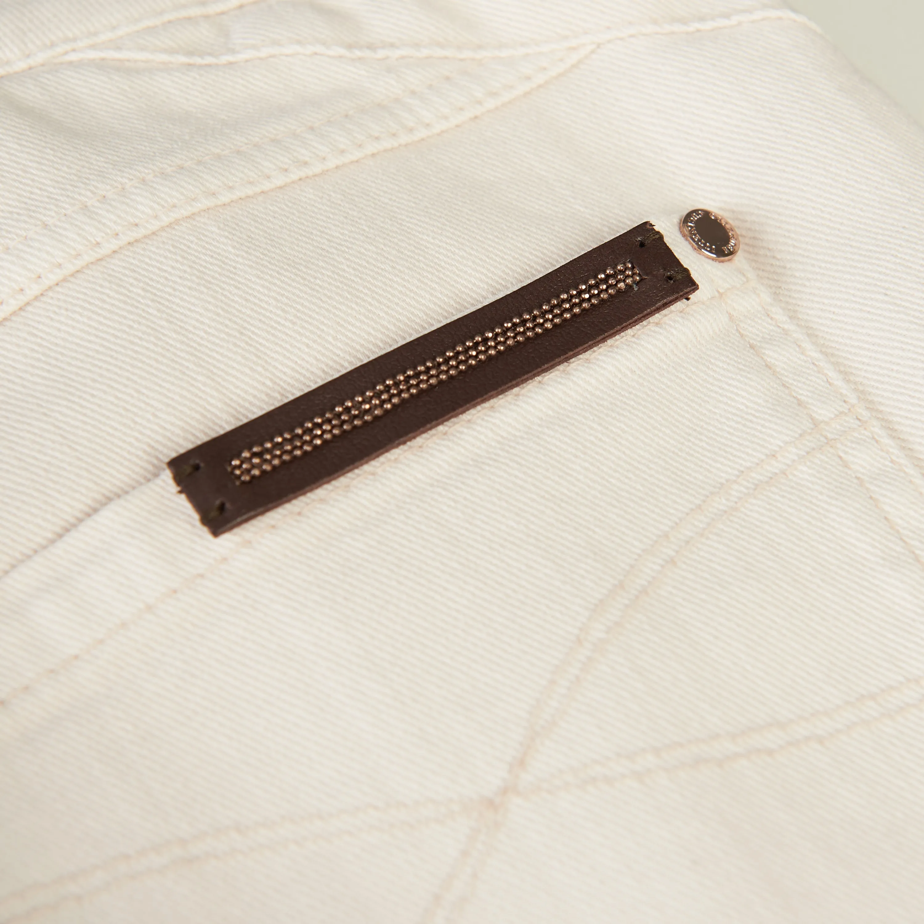 White Stretch Dyed Denim Five-Pocket Trousers - Monili Embroidery Leather Tab