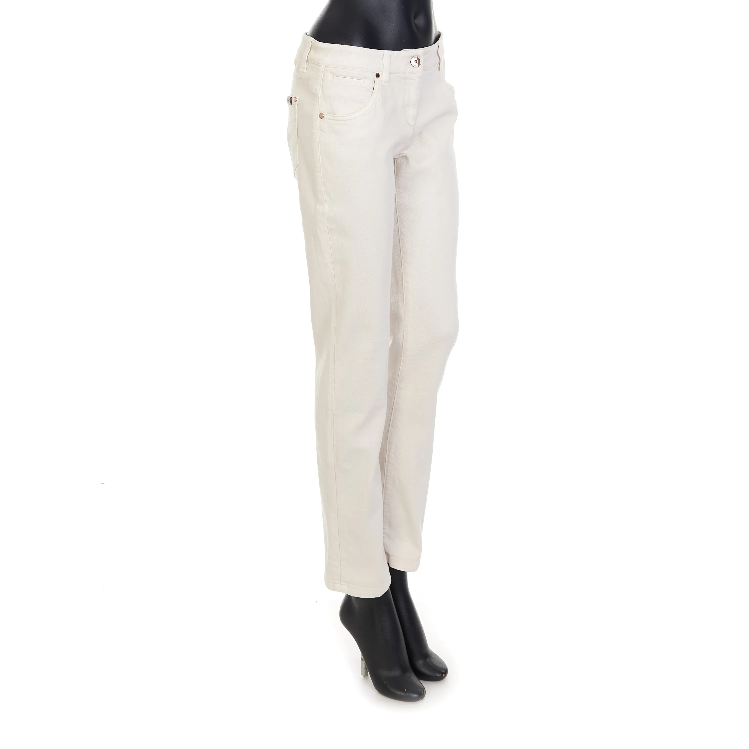White Stretch Dyed Denim Five-Pocket Trousers - Monili Embroidery Leather Tab