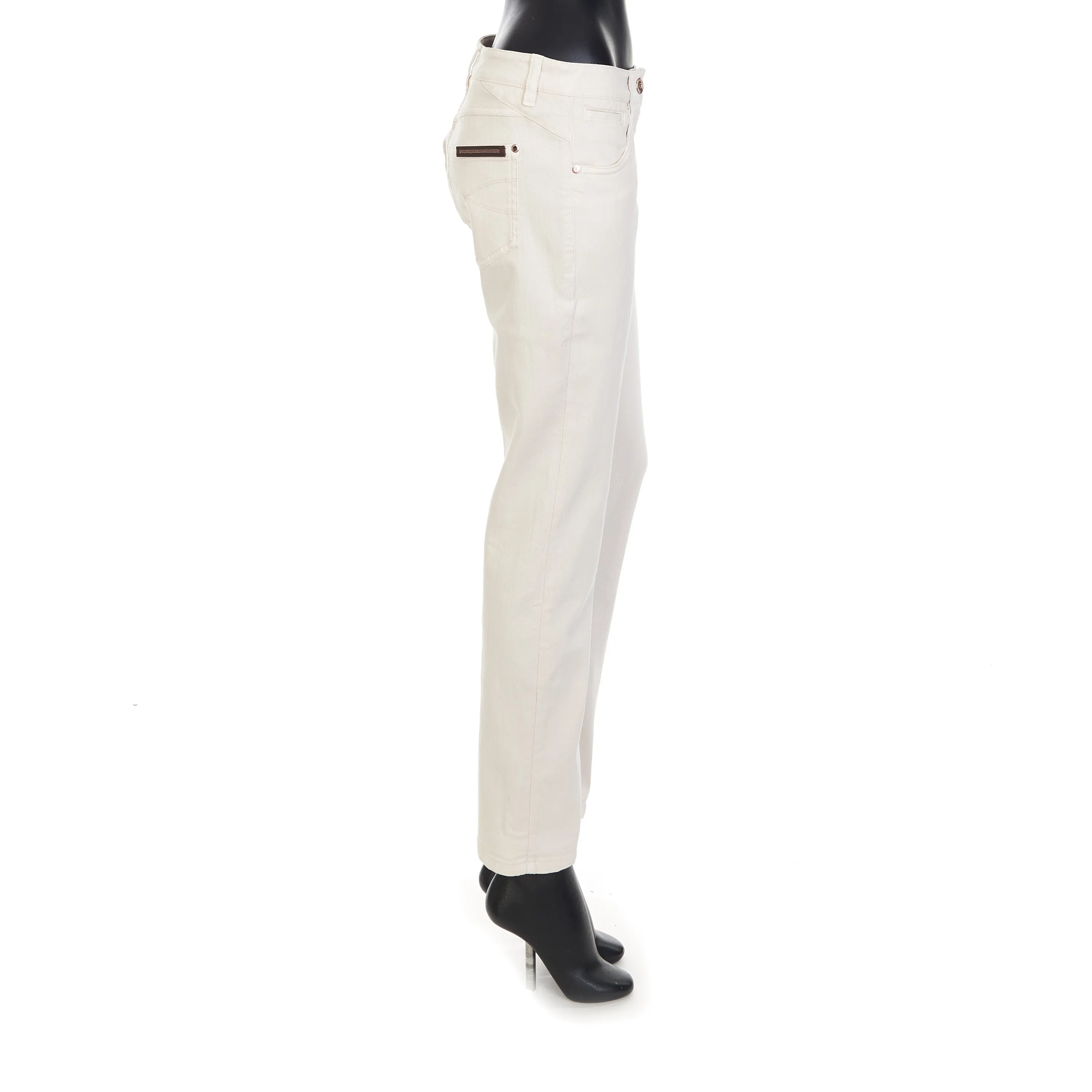 White Stretch Dyed Denim Five-Pocket Trousers - Monili Embroidery Leather Tab