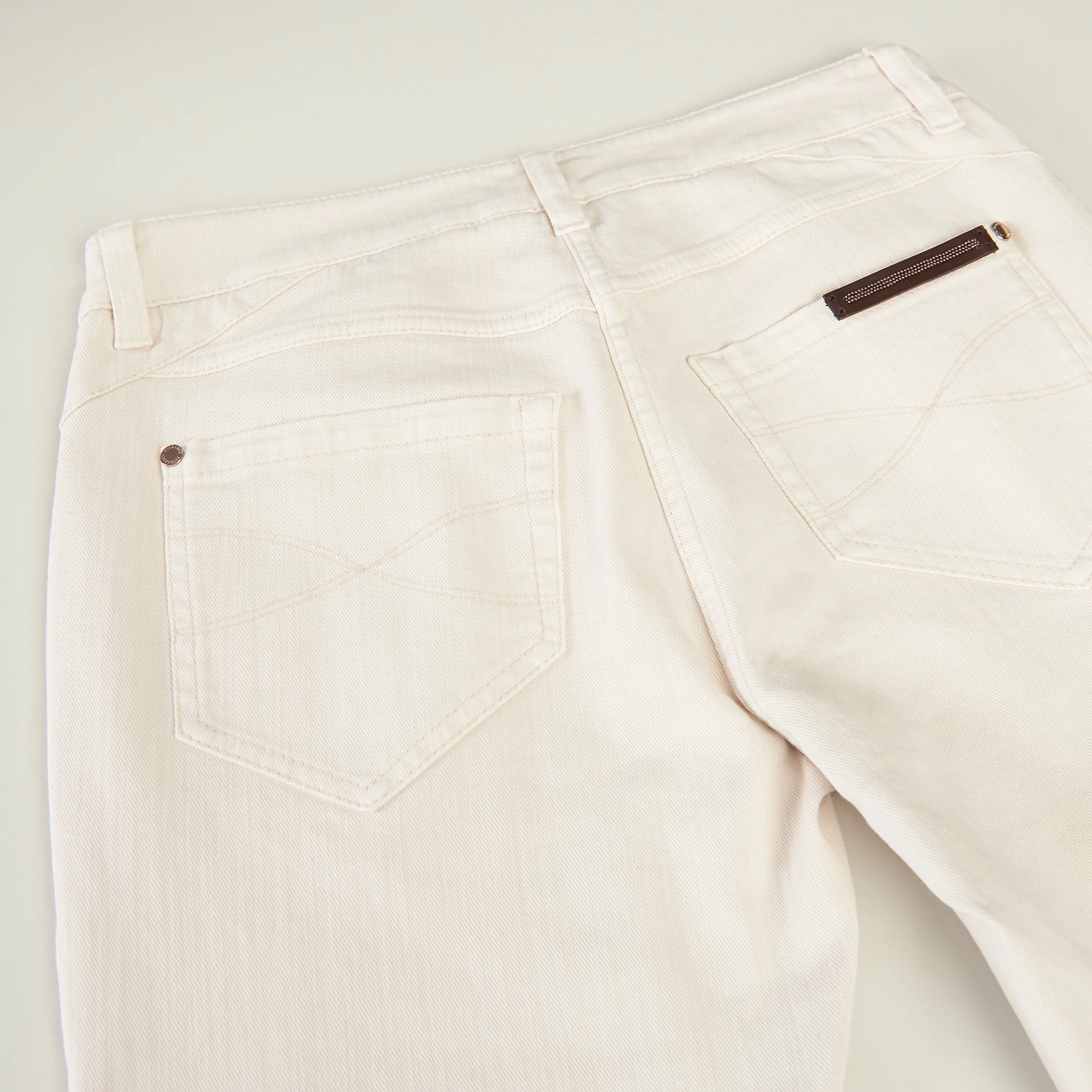 White Stretch Dyed Denim Five-Pocket Trousers - Monili Embroidery Leather Tab