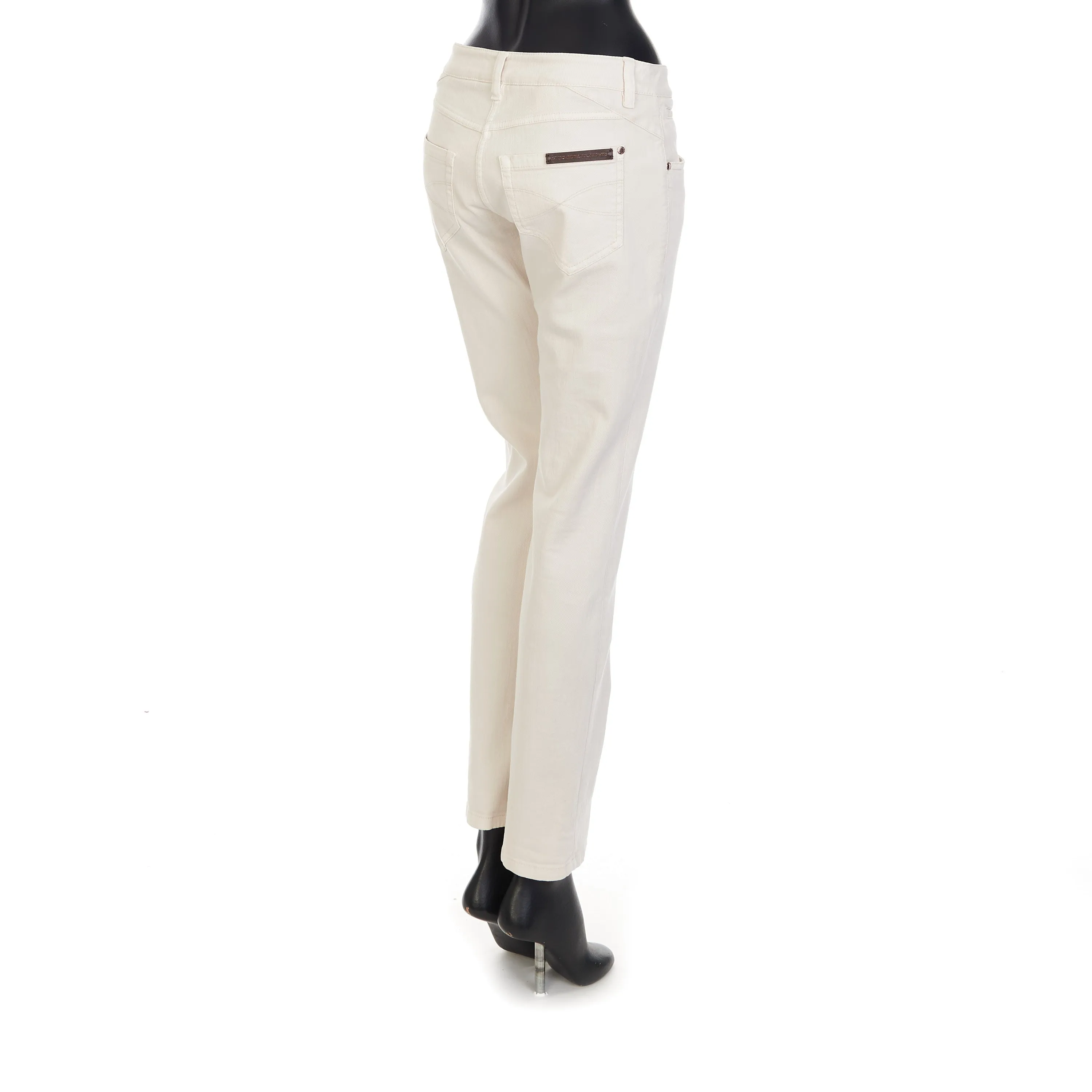 White Stretch Dyed Denim Five-Pocket Trousers - Monili Embroidery Leather Tab