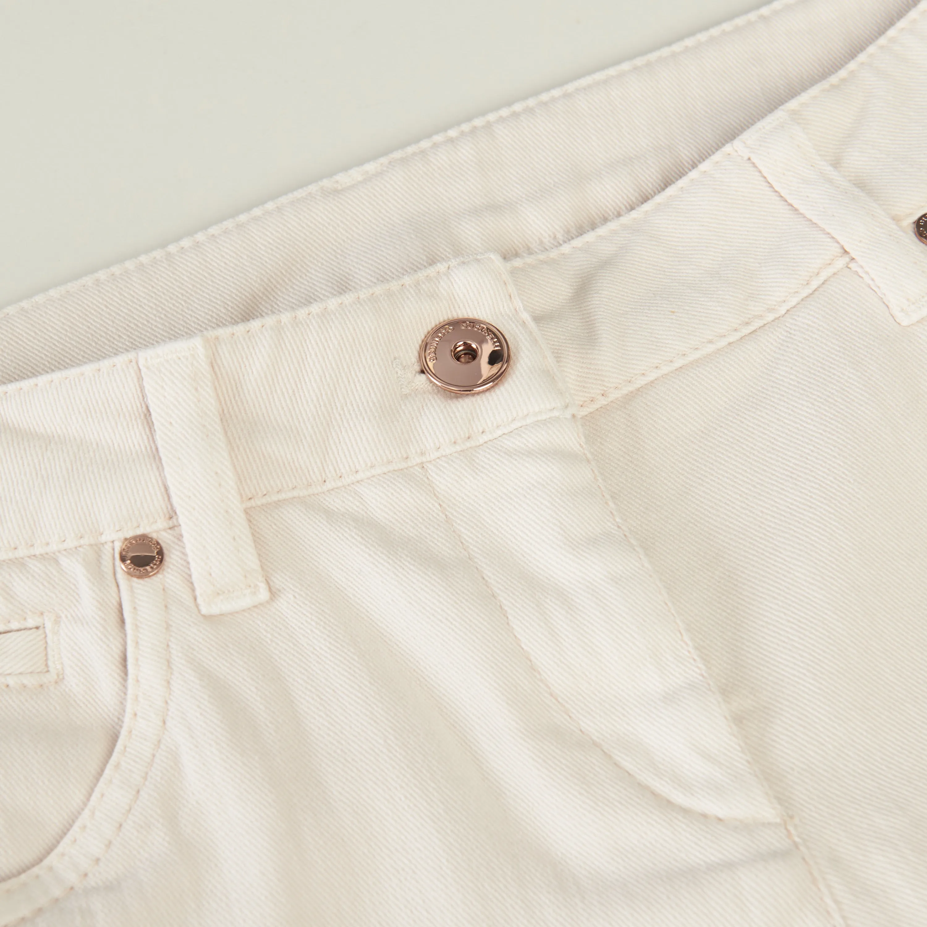 White Stretch Dyed Denim Five-Pocket Trousers - Monili Embroidery Leather Tab