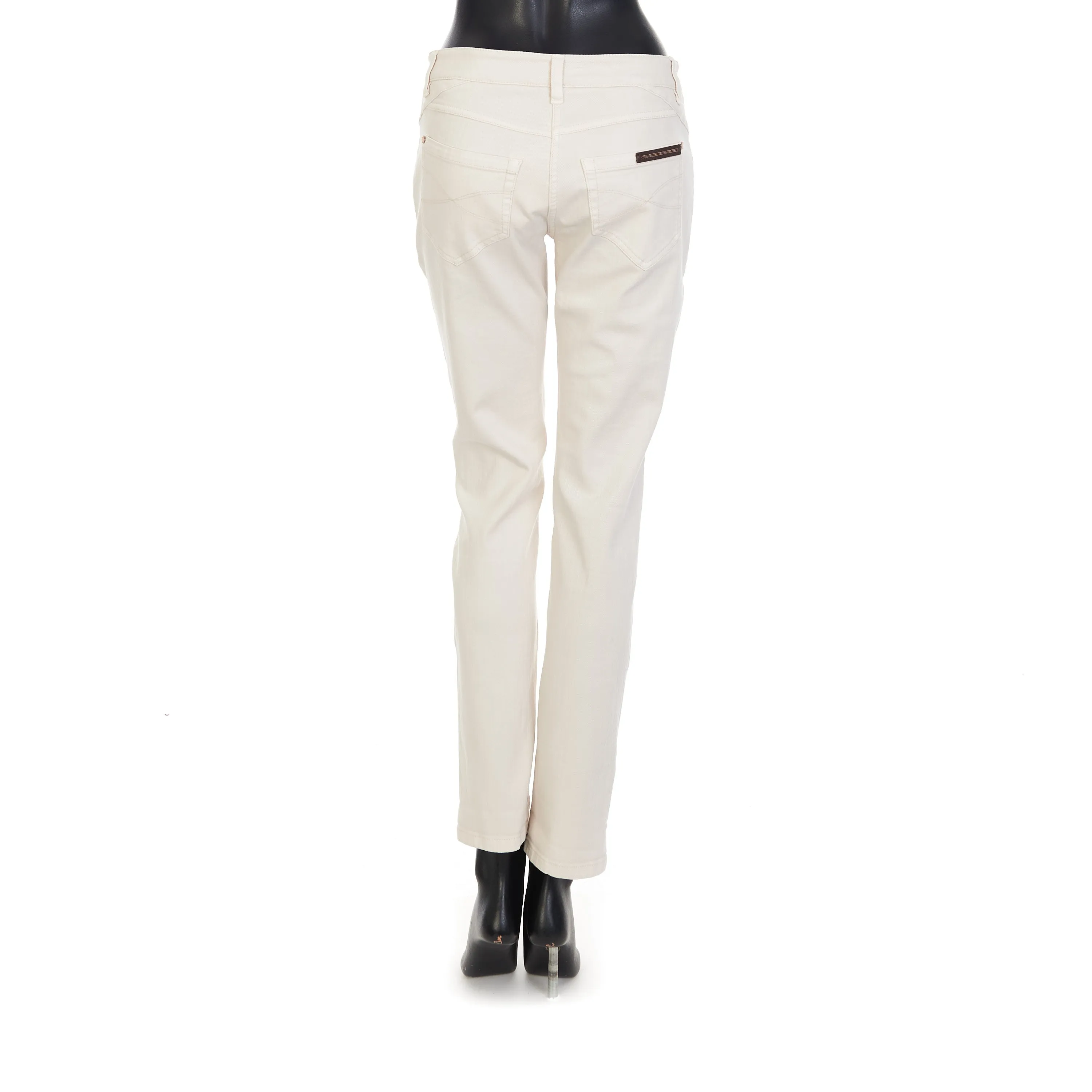 White Stretch Dyed Denim Five-Pocket Trousers - Monili Embroidery Leather Tab