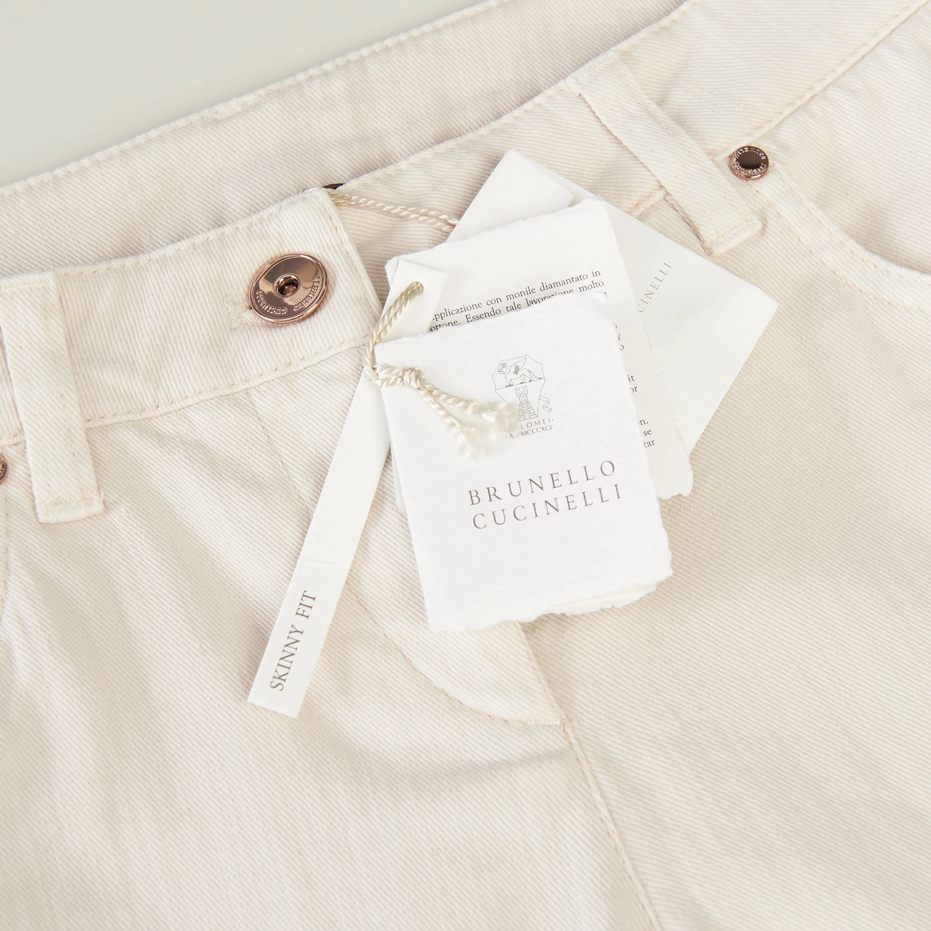 White Stretch Dyed Denim Five-Pocket Trousers - Monili Embroidery Leather Tab