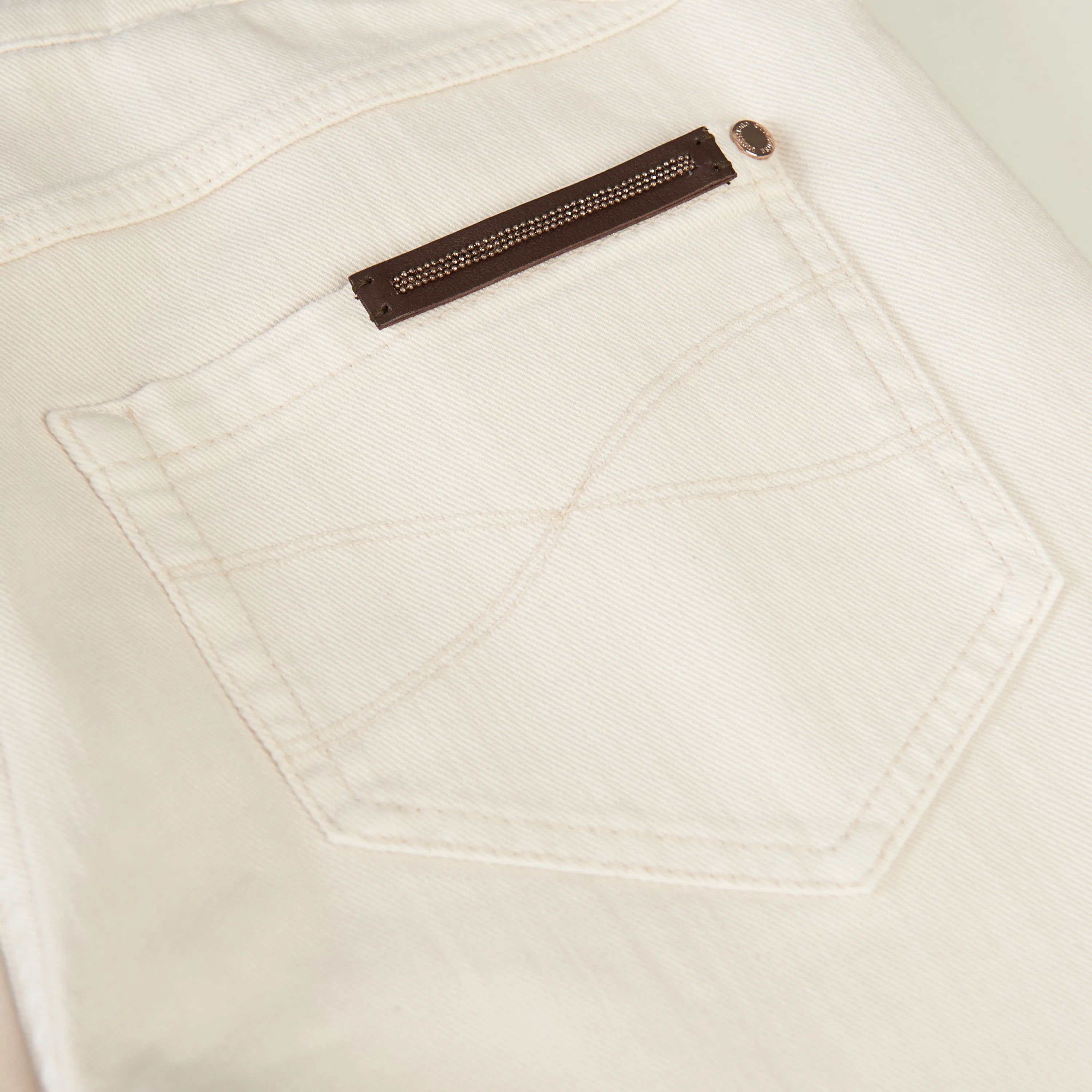 White Stretch Dyed Denim Five-Pocket Trousers - Monili Embroidery Leather Tab