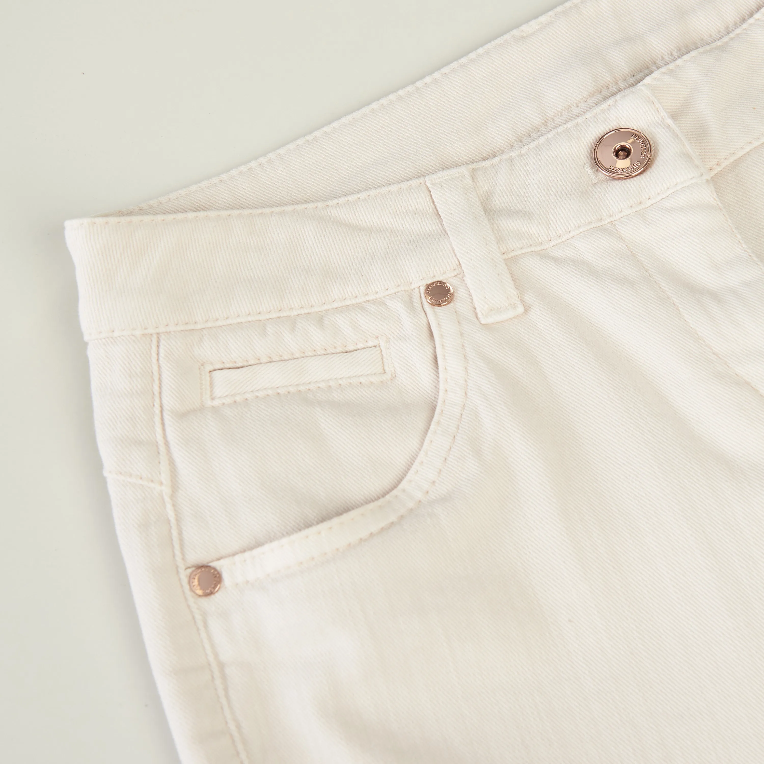 White Stretch Dyed Denim Five-Pocket Trousers - Monili Embroidery Leather Tab