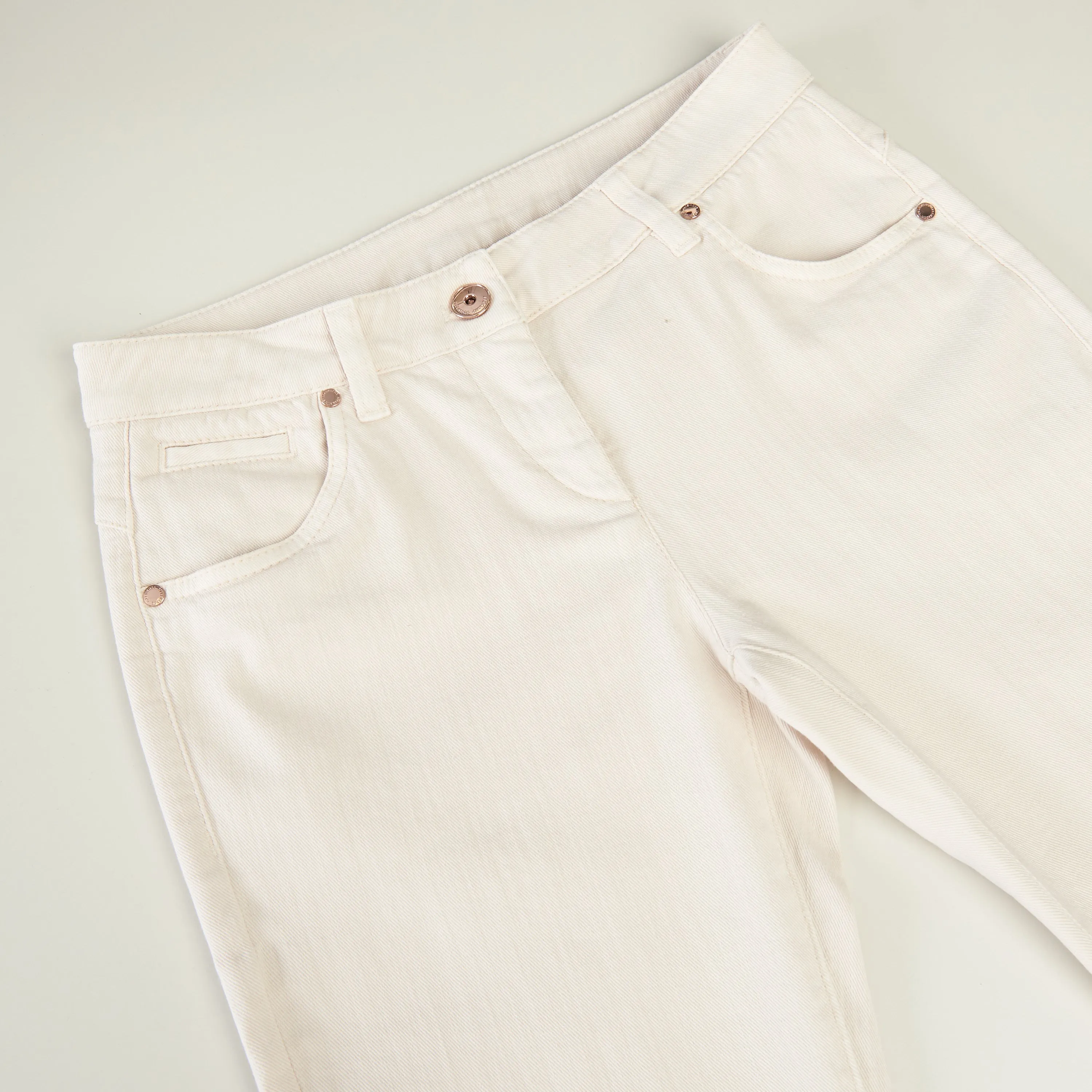 White Stretch Dyed Denim Five-Pocket Trousers - Monili Embroidery Leather Tab