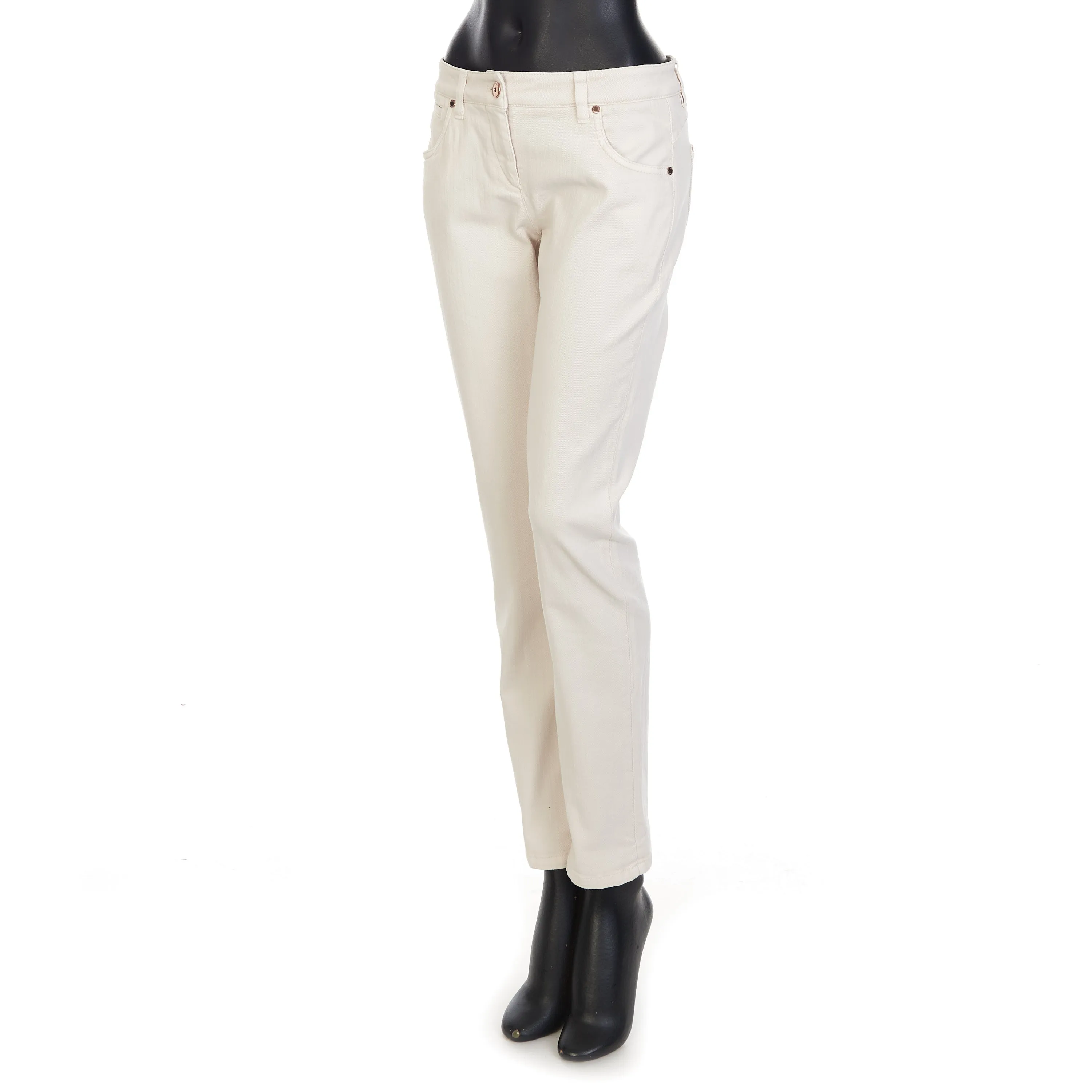 White Stretch Dyed Denim Five-Pocket Trousers - Monili Embroidery Leather Tab