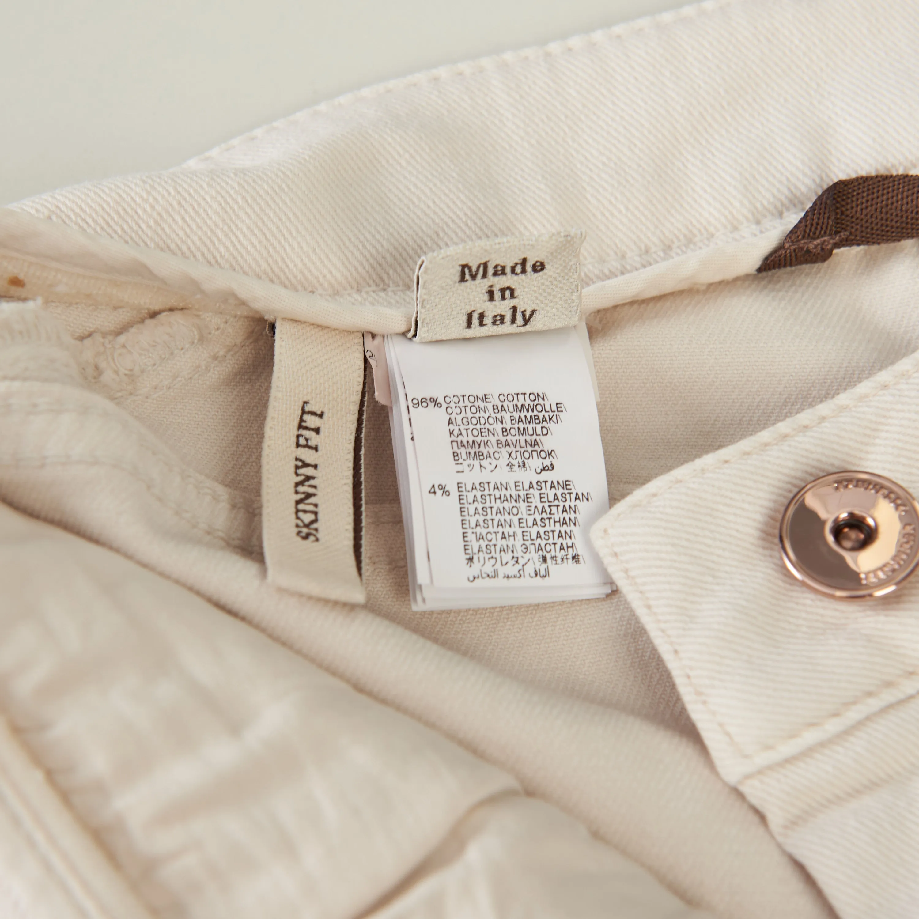 White Stretch Dyed Denim Five-Pocket Trousers - Monili Embroidery Leather Tab