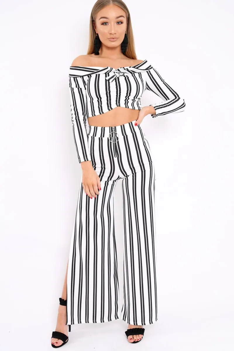 White Stripe Bardot Ruffle Top and Trouser Set - Inas