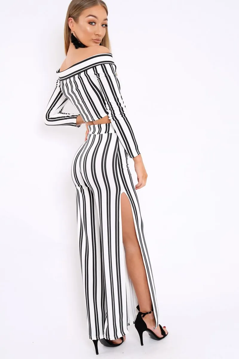 White Stripe Bardot Ruffle Top and Trouser Set - Inas