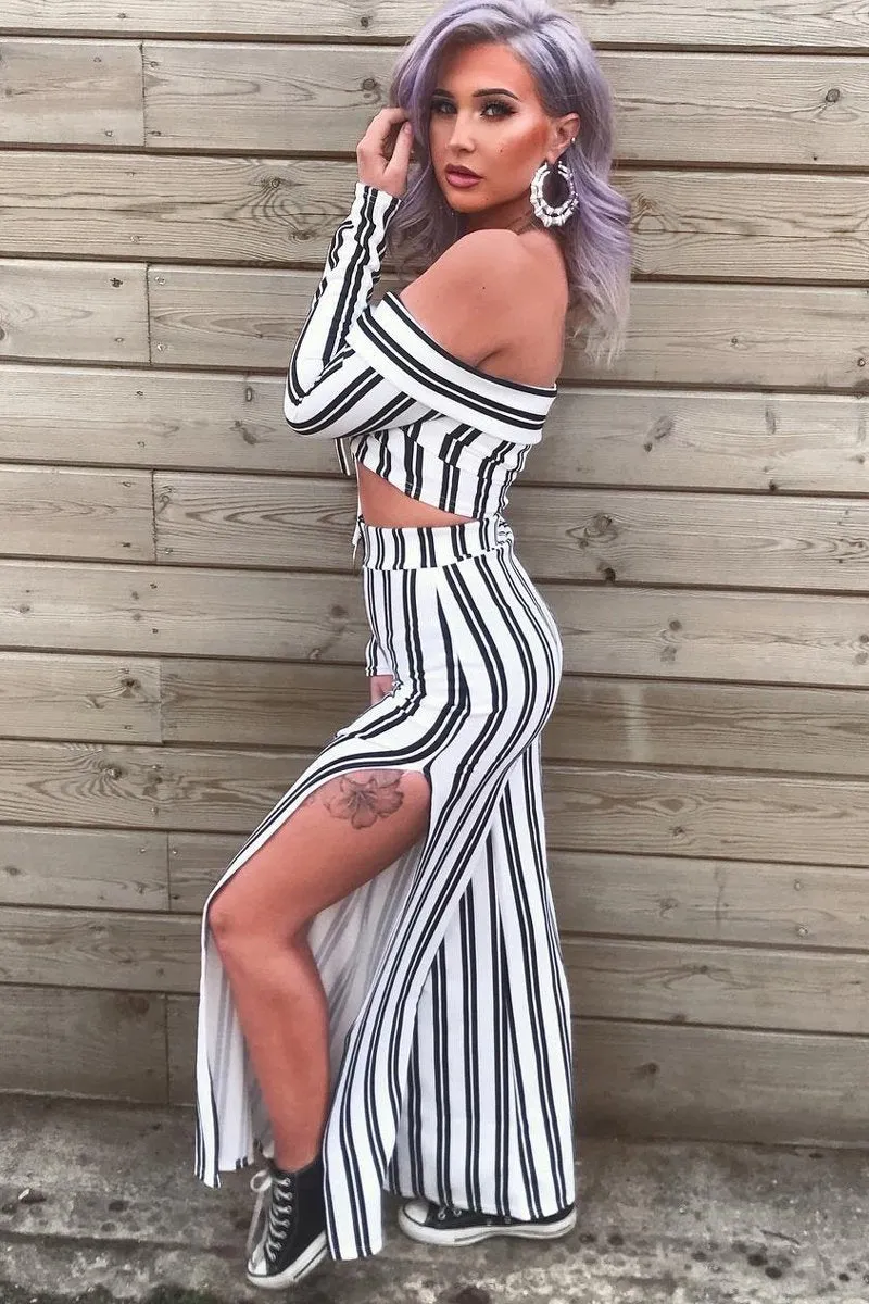 White Stripe Bardot Ruffle Top and Trouser Set - Inas