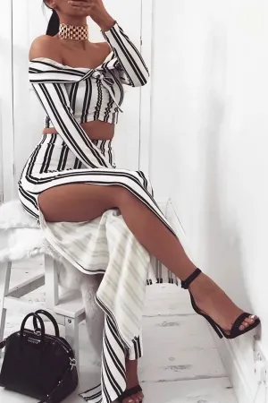 White Stripe Bardot Ruffle Top and Trouser Set - Inas