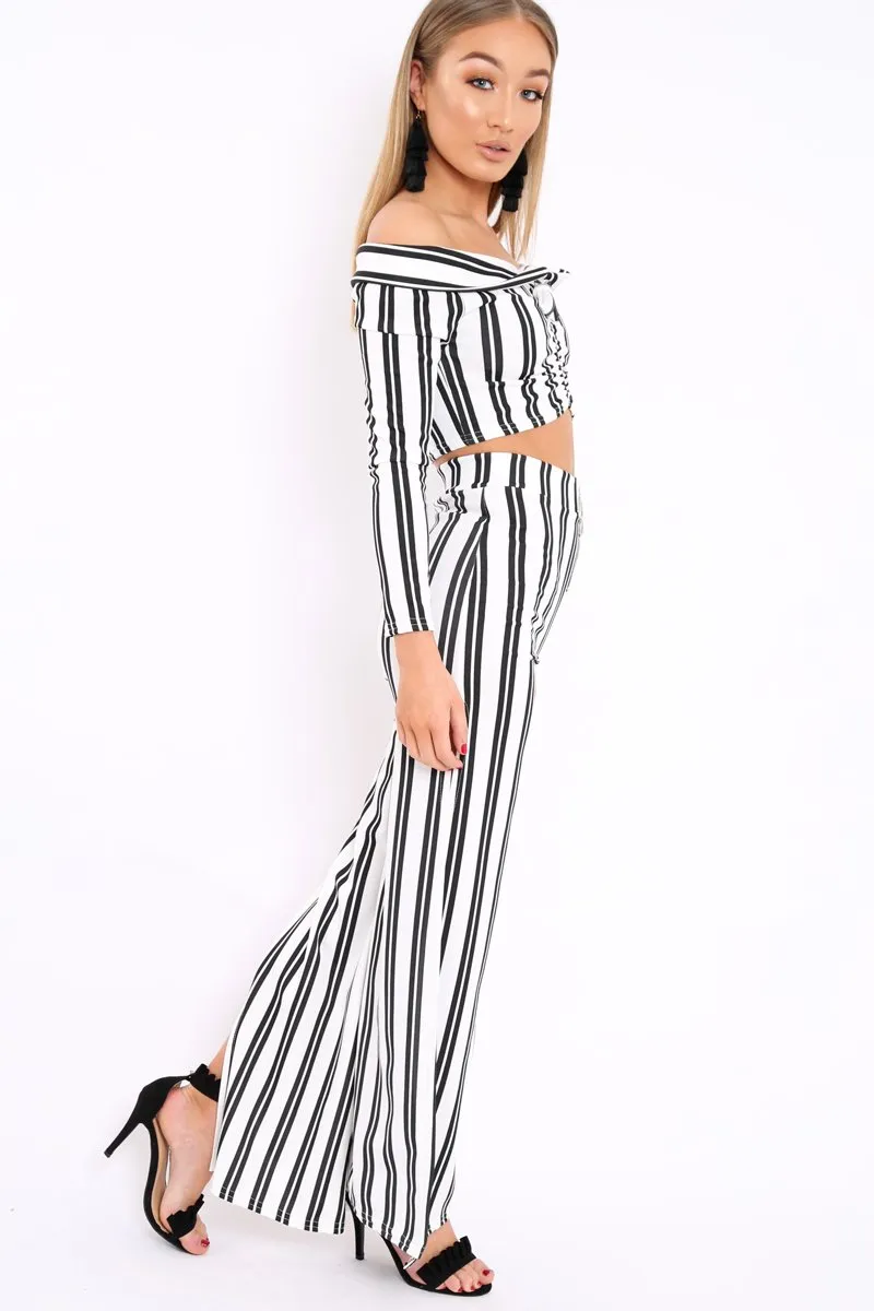 White Stripe Bardot Ruffle Top and Trouser Set - Inas