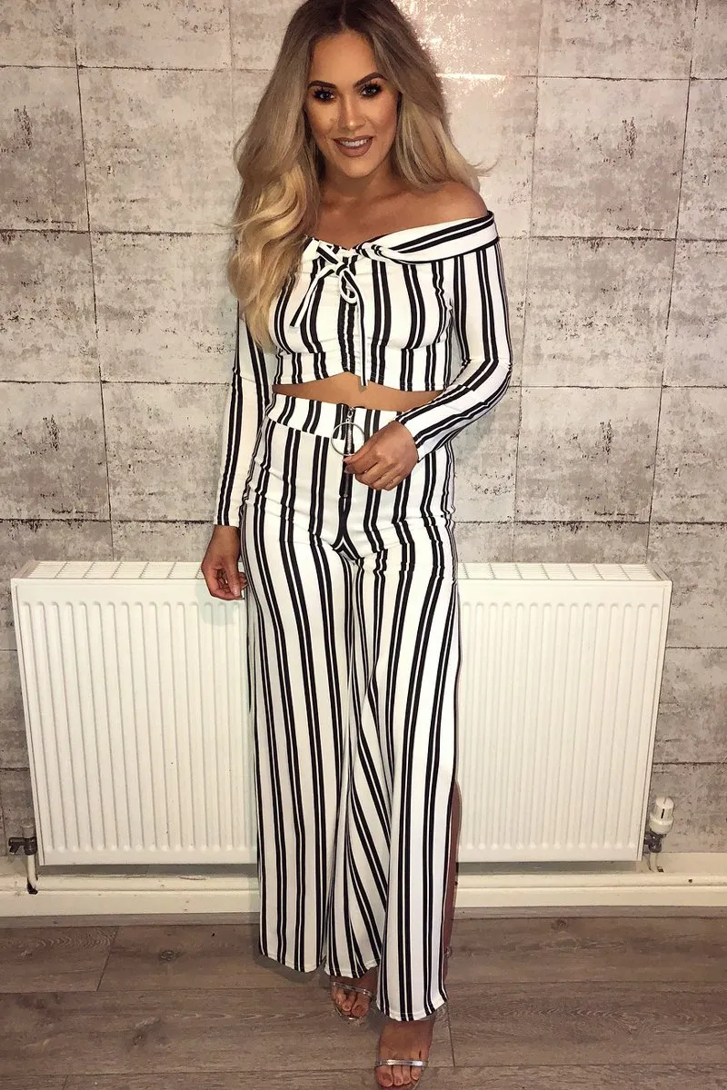 White Stripe Bardot Ruffle Top and Trouser Set - Inas
