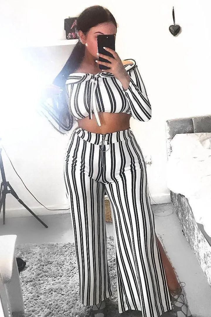 White Stripe Bardot Ruffle Top and Trouser Set - Inas