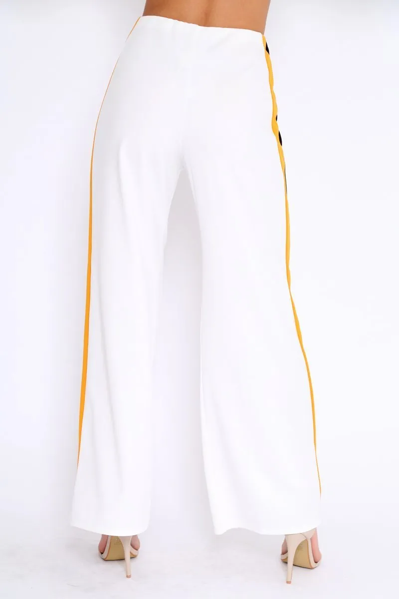 White with Mustard and Black Side Stripe Wide Leg Trousers - Wiley