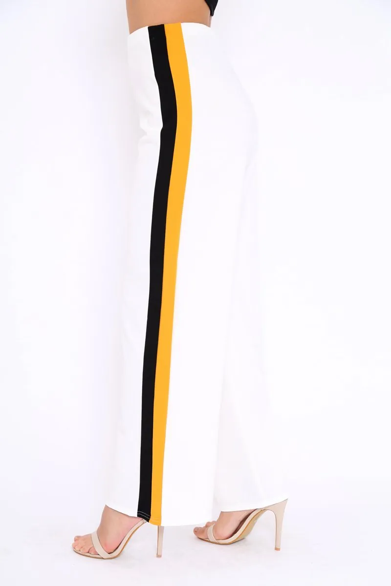White with Mustard and Black Side Stripe Wide Leg Trousers - Wiley