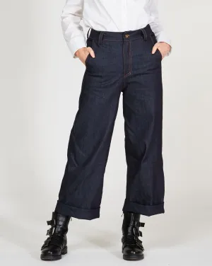 Wide Leg Cuffed Denim Trousers