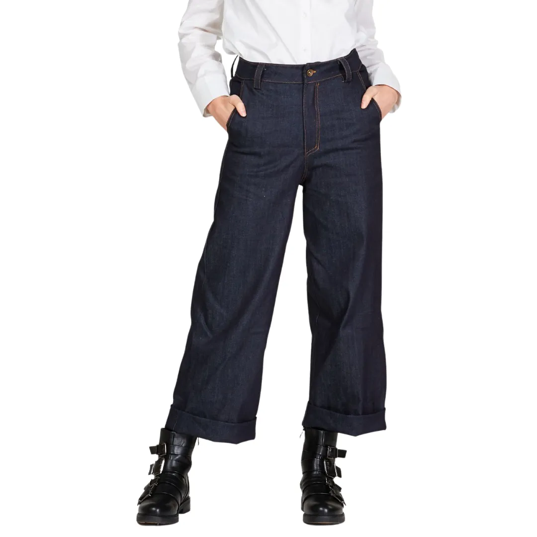 Wide Leg Cuffed Denim Trousers