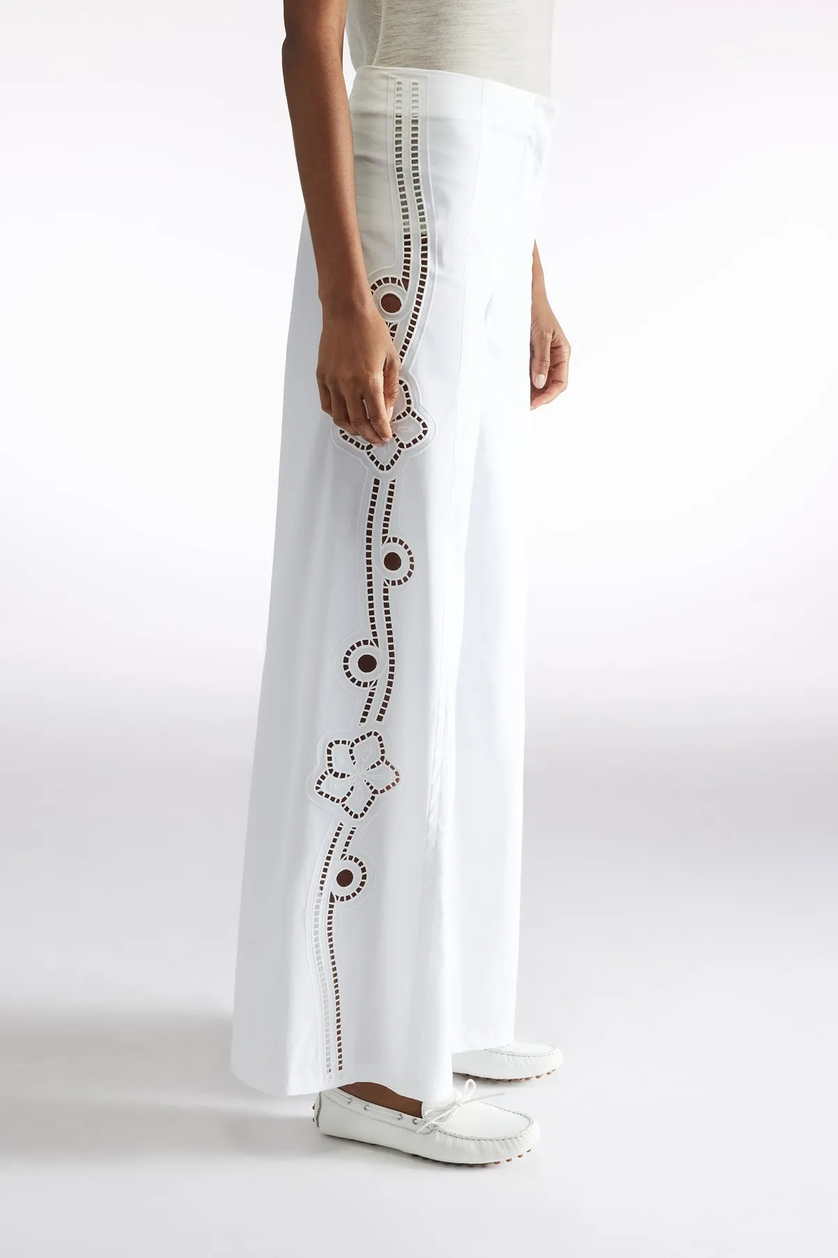 WIDEL LEG COTTON EYELET TROUSER - WHITE