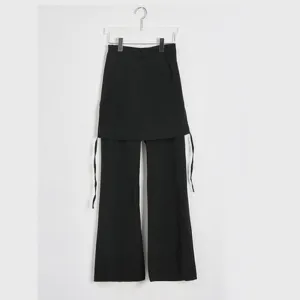 Women Solid Color Elastic Waist Loose Wide Leg Pant Fake Two Piece Casual Trousers
