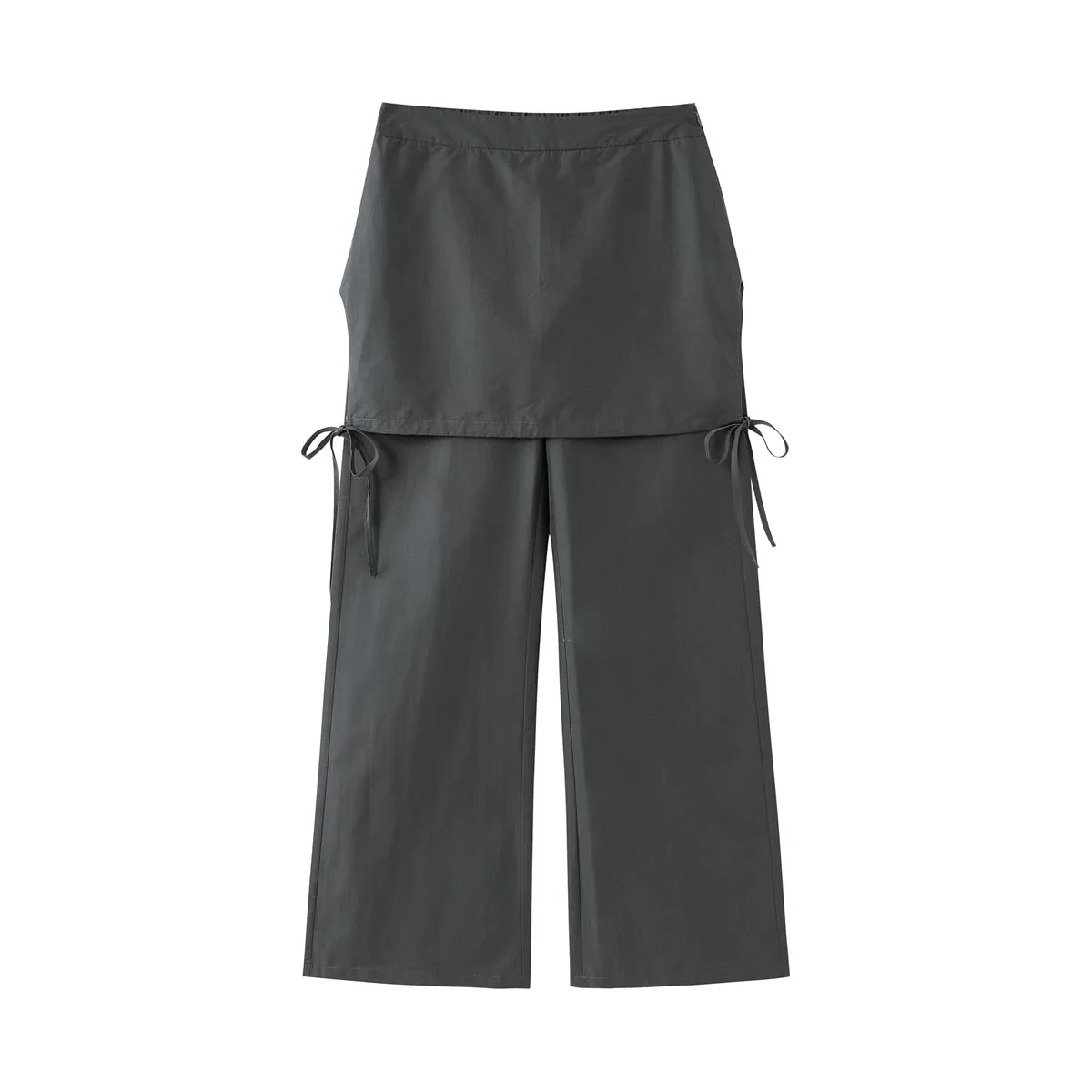 Women Solid Color Elastic Waist Loose Wide Leg Pant Fake Two Piece Casual Trousers