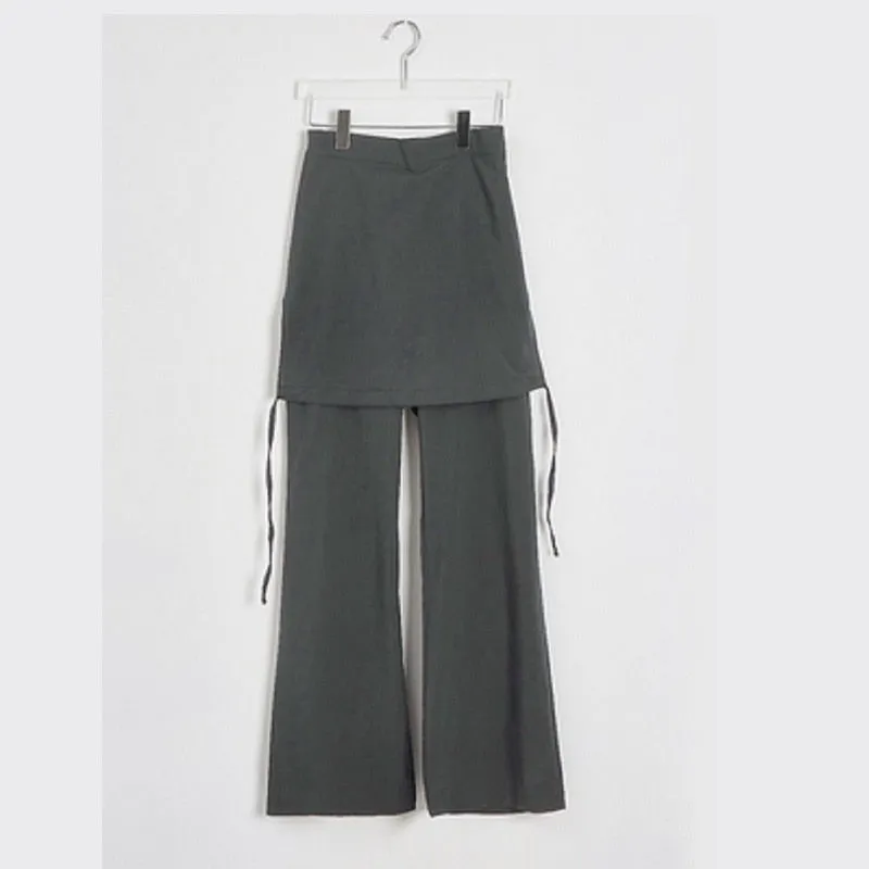 Women Solid Color Elastic Waist Loose Wide Leg Pant Fake Two Piece Casual Trousers