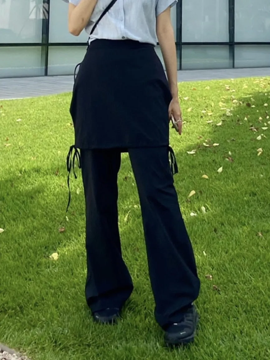 Women Solid Color Elastic Waist Loose Wide Leg Pant Fake Two Piece Casual Trousers