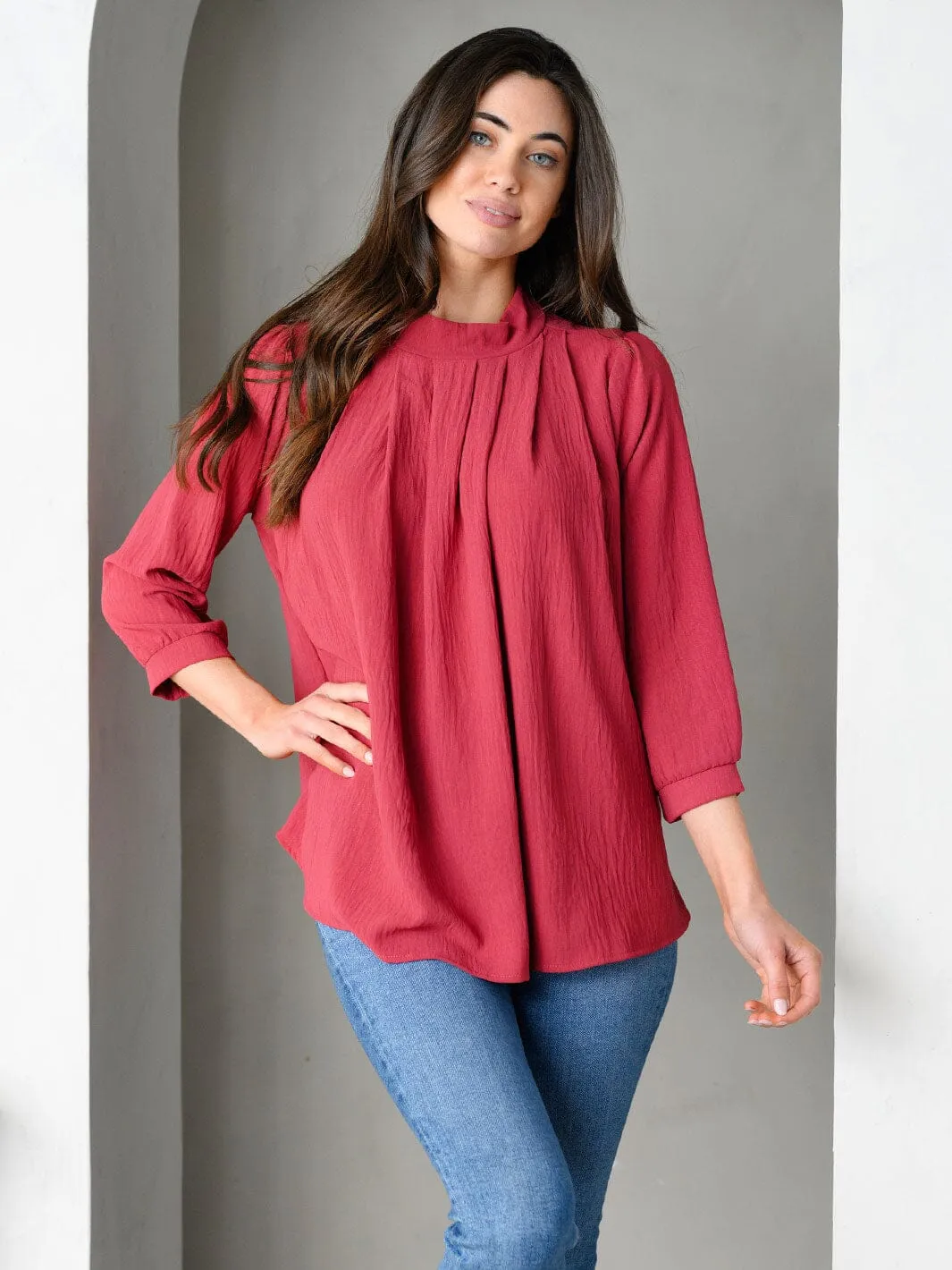 WOMEN'S 3/4 SLEEVE PLEATED FRONT LOOSE FIT TOP