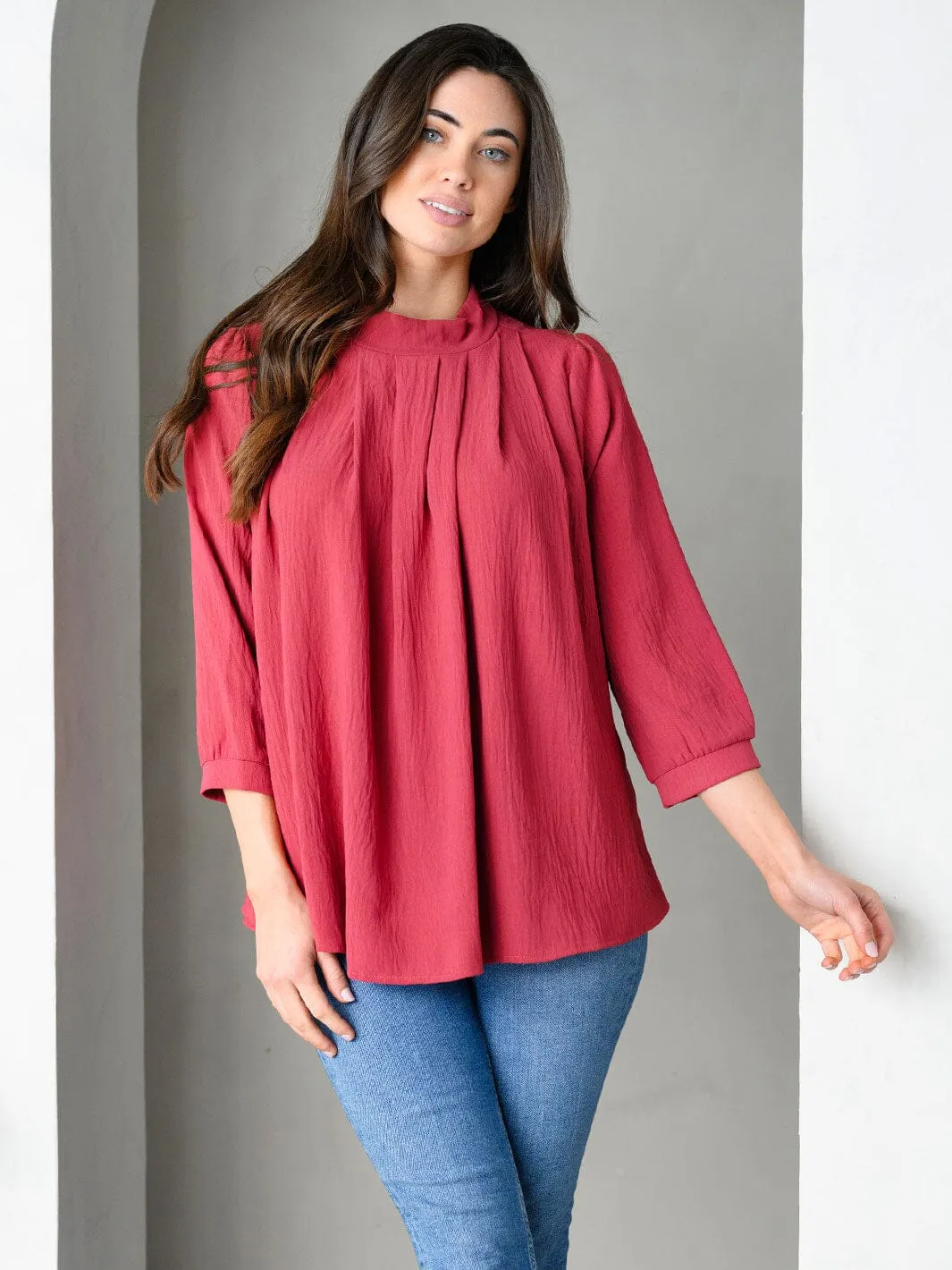 WOMEN'S 3/4 SLEEVE PLEATED FRONT LOOSE FIT TOP