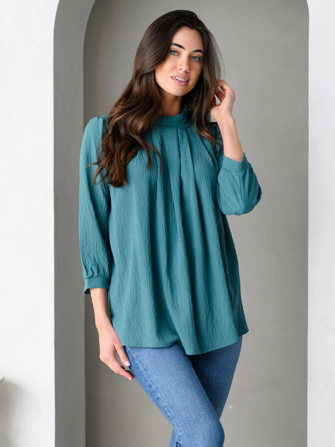 WOMEN'S 3/4 SLEEVE PLEATED FRONT LOOSE FIT TOP