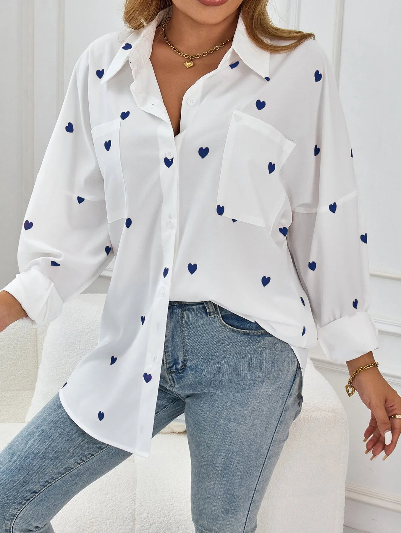 Women's Blouse with Embroidered Heart Design