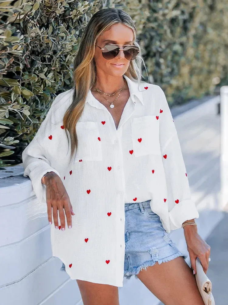 Women's Blouse with Embroidered Heart Design