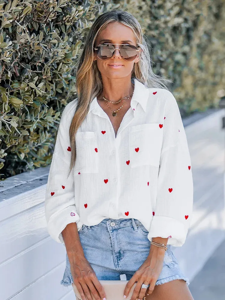 Women's Blouse with Embroidered Heart Design