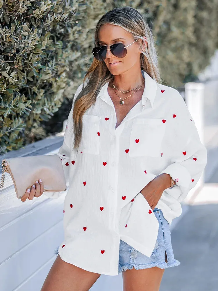 Women's Blouse with Embroidered Heart Design
