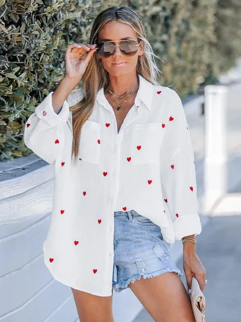 Women's Blouse with Embroidered Heart Design