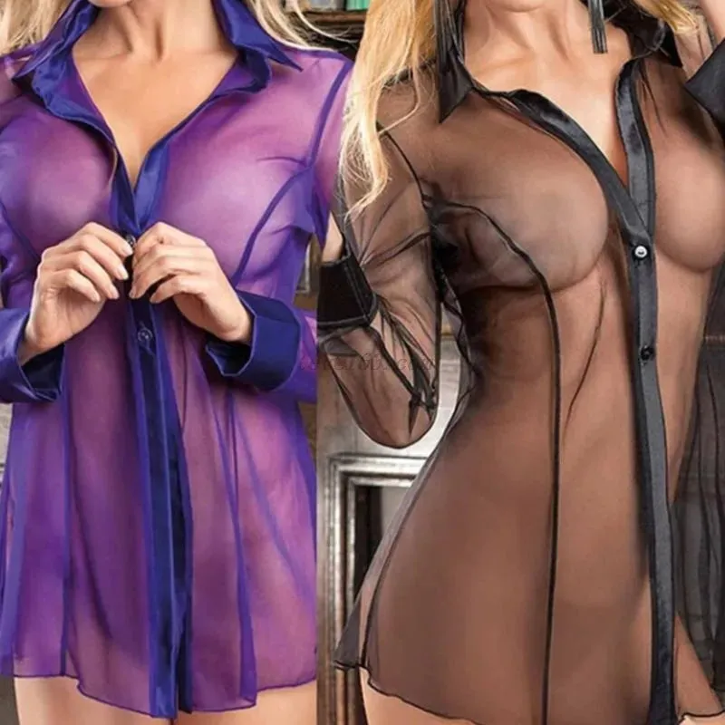 Women's Button Lingerie Transparent Shirt Long Sleeve Blouse Babydoll