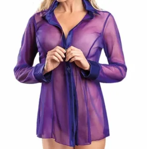 Women's Button Lingerie Transparent Shirt Long Sleeve Blouse Babydoll
