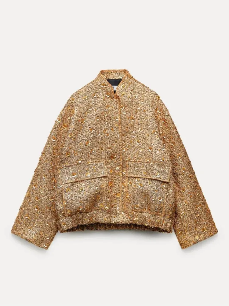 Women's Fall Fashion Shiny Sequin Jacket Y2k Gold Stand Collar Long Sleeve Short Coat Autumn Winter Office High Streetwear